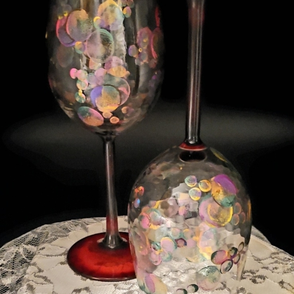 Painted wine glasses set of 2, vintage bubble glasses for red or white wine